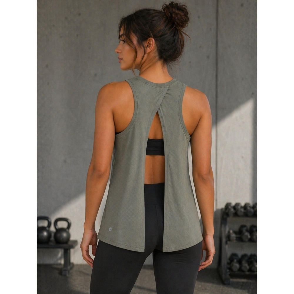 Lululemon All Tied Up Tank Size 2 Dark Olive Green Open Back Pima Cotton Yoga